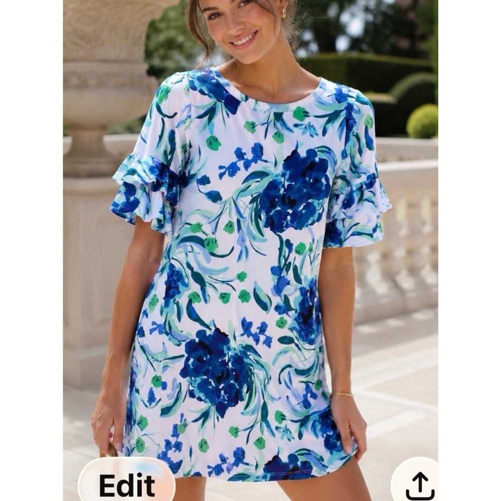 Lilly Pulitzer Blue & White Floral Ruffle-Sleeve Tunic
